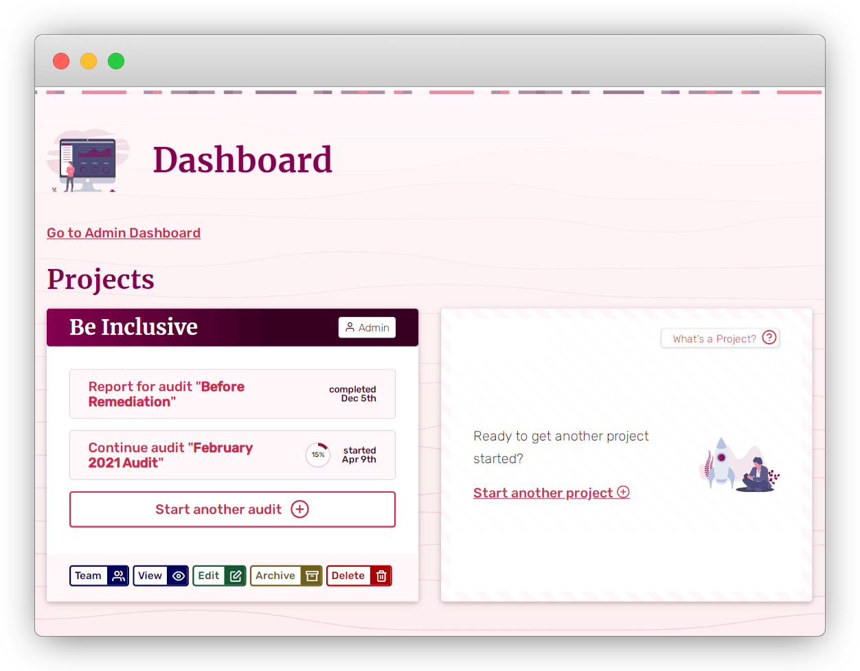 Screenshot of the dashboard, displays one project with two audits and a button to create a new project.